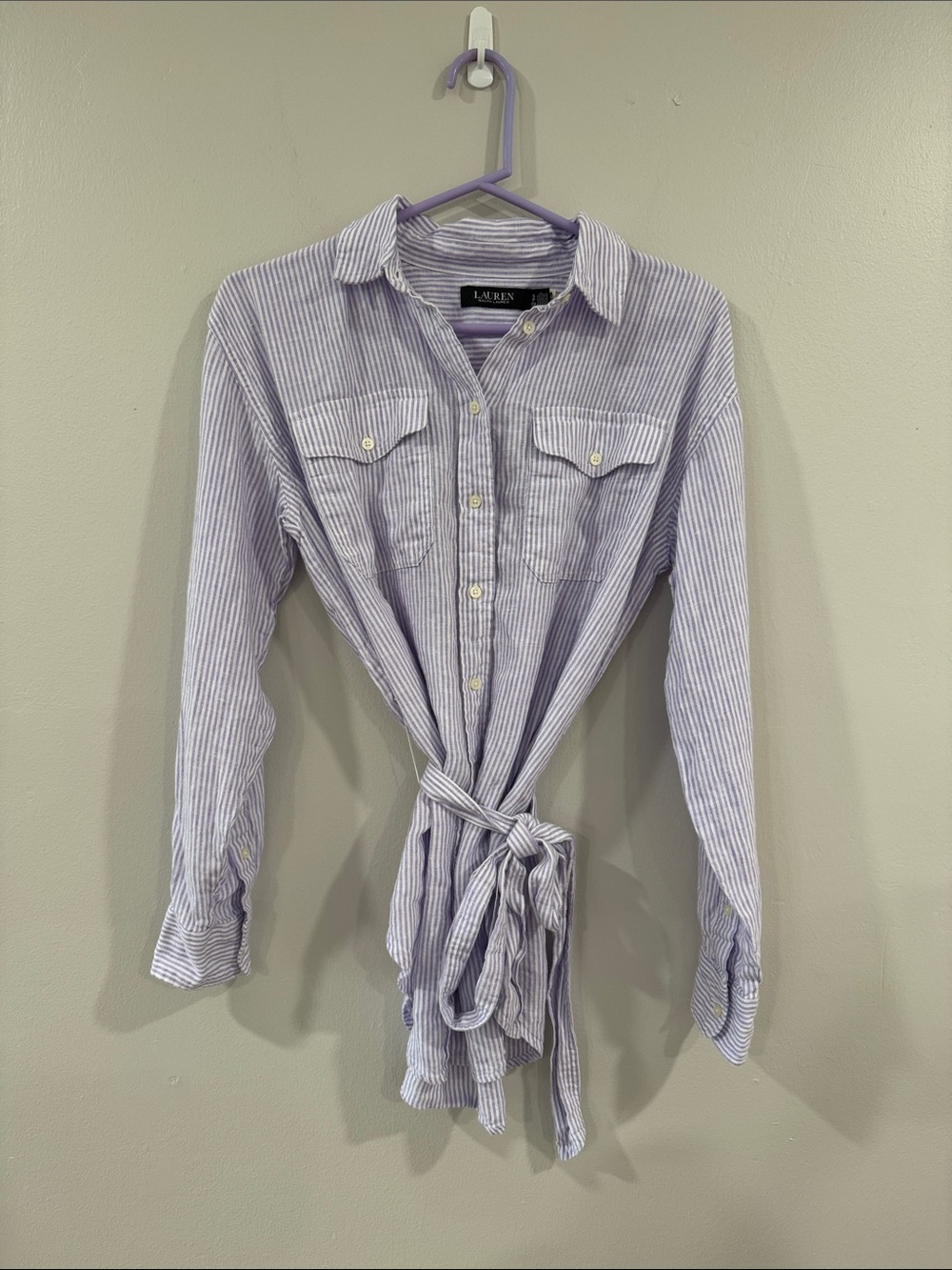 Ralph Lauren womens Lavender linen and White Striped long sleeve Button-Up Shirt - Picture 2 of 6